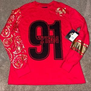 YRN Red Worldwide Tee Ling Sleeve Gold Black Graphics NWT